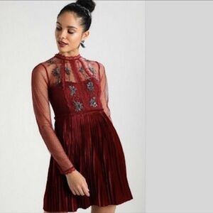 FREE PEOPLE Ariel Pleated Mini Dress Red Velvet Lace